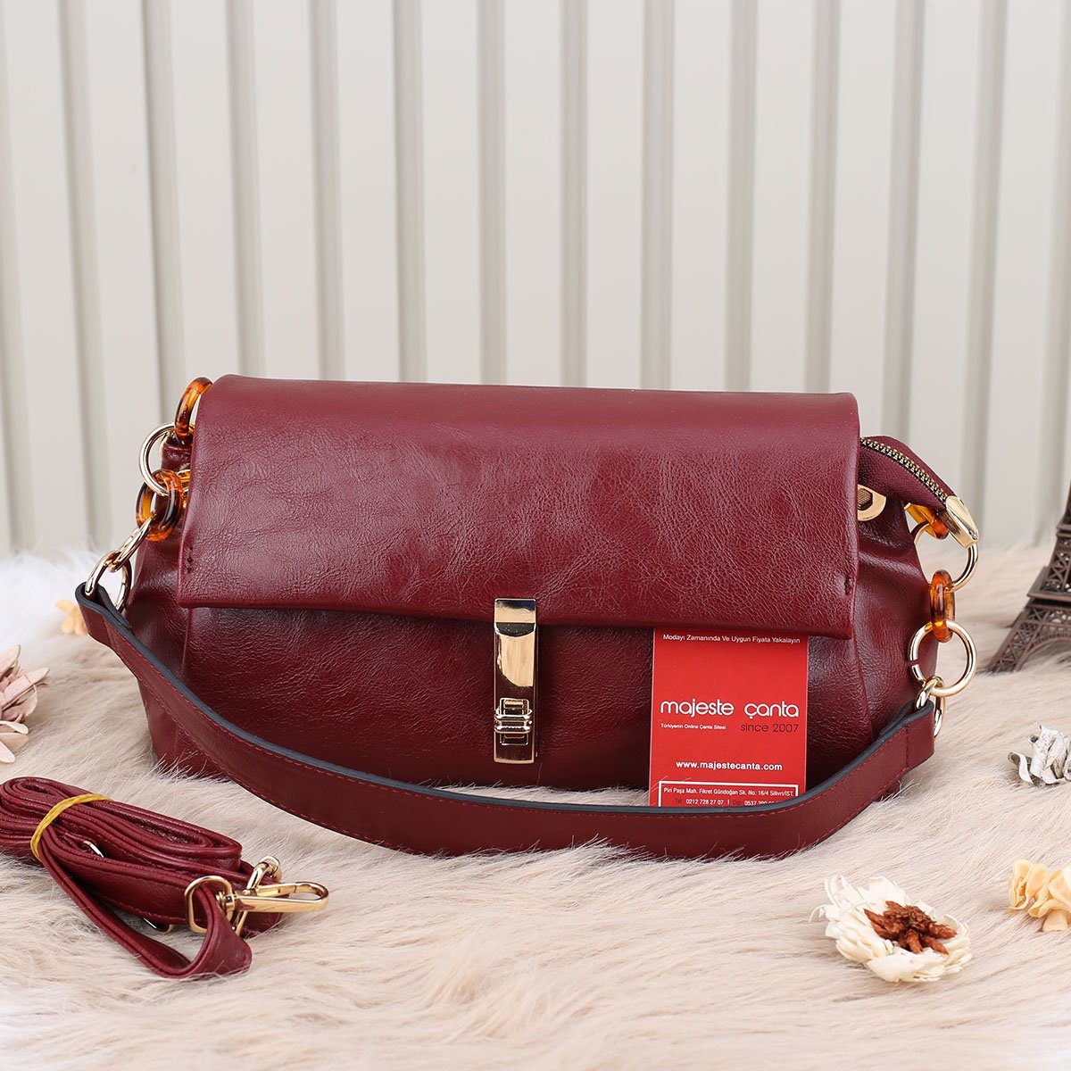 Motto Üç Gözlü Bordo Yandan Asmalı Çanta