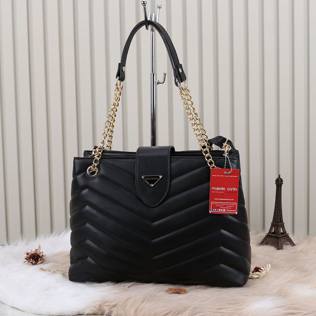 Sanmorris Zincirli Siyah Kadın Omuz Çantası