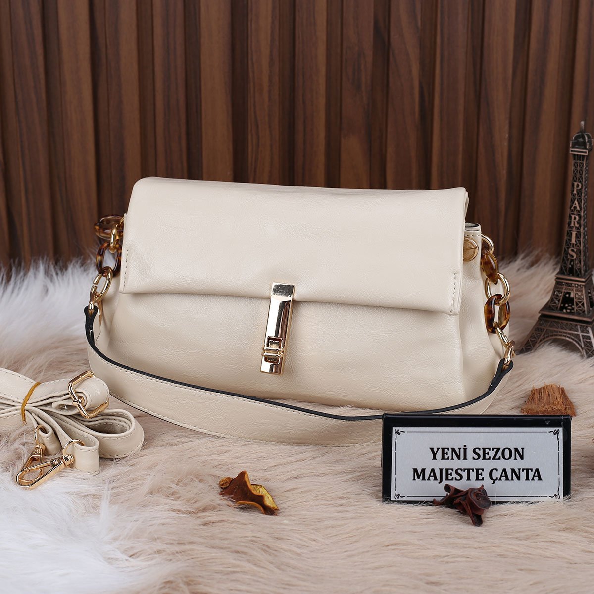 Motto Üç Gözlü Krem Hem Omuz Hem Yandan Asmalı Çanta