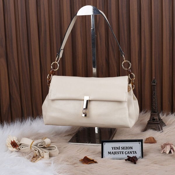 Motto Üç Gözlü Krem Hem Omuz Hem Yandan Asmalı Çanta
