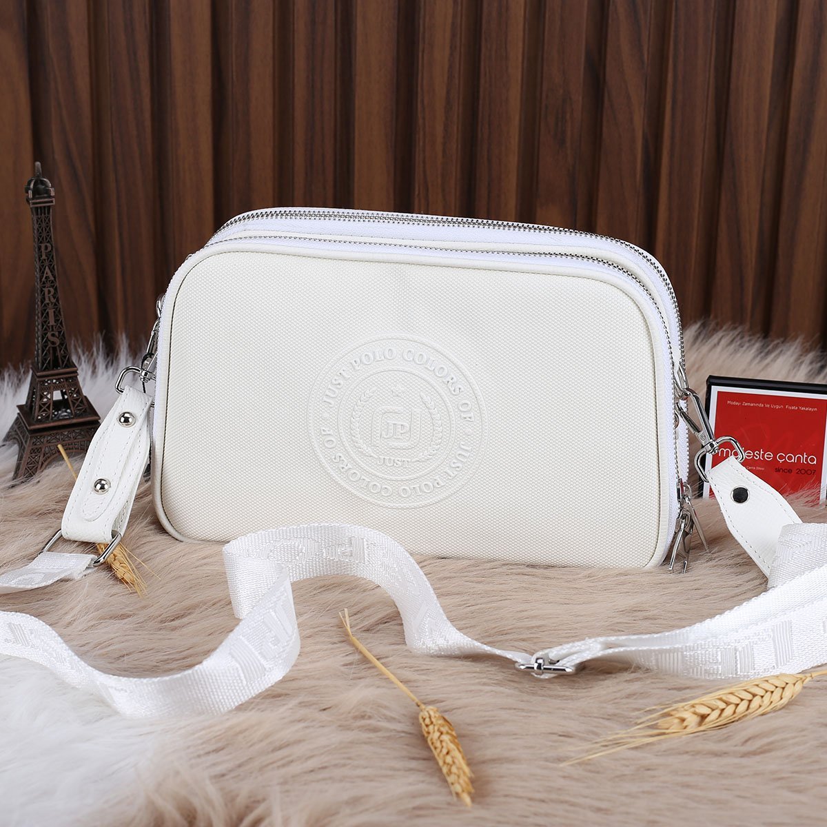 Just Polo 3 Gözlü Beyaz Çapraz Askılı Çanta