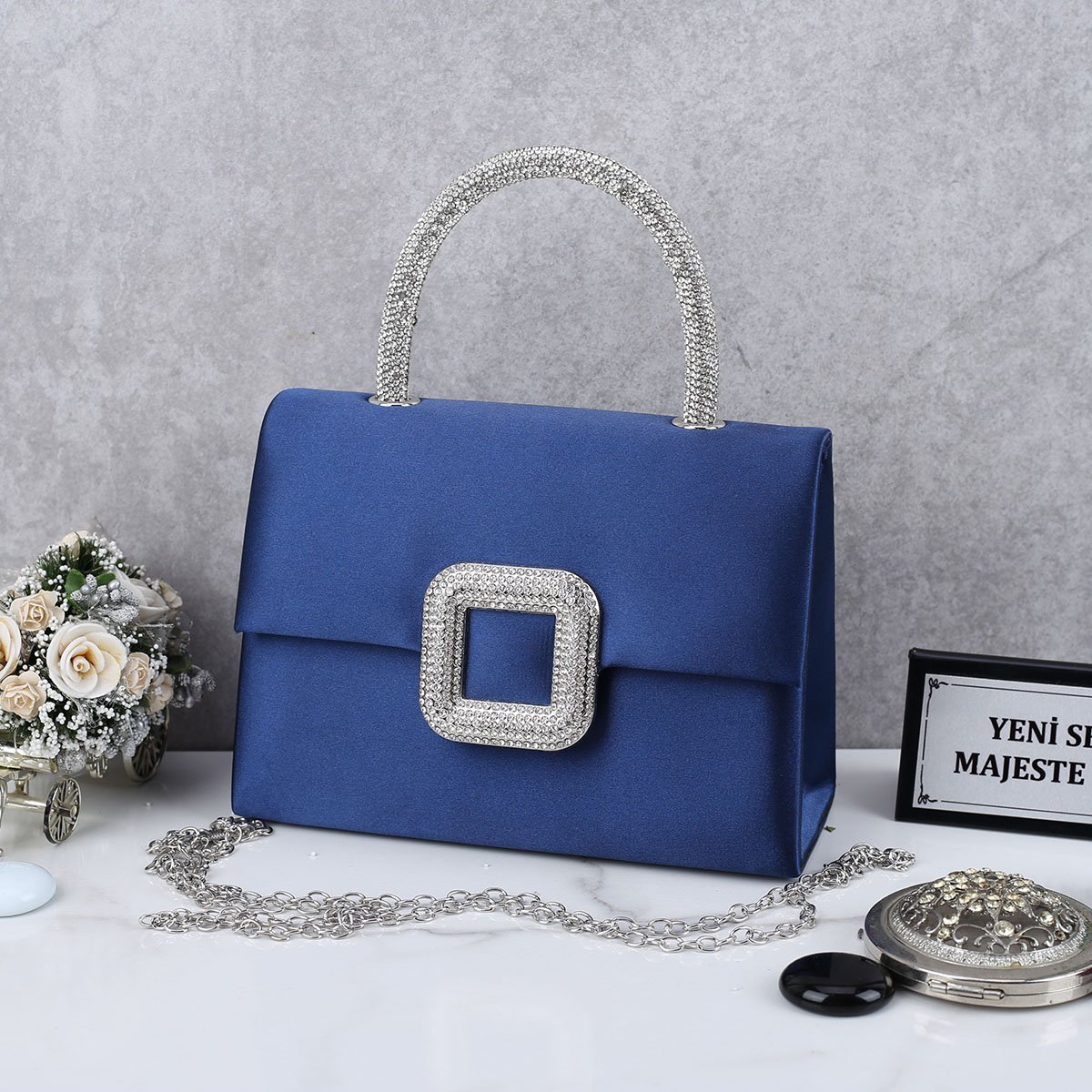 Majeste Yeni Sezon Mavi Saten Abiye Çanta