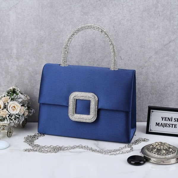 Majeste Yeni Sezon Mavi Saten Abiye Çanta
