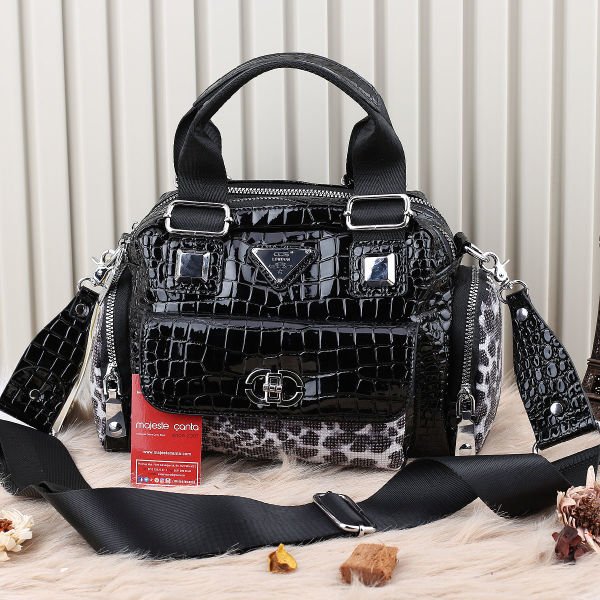 Ççs London Siyah Leopar Desenli Taşlı Kadın Çanta