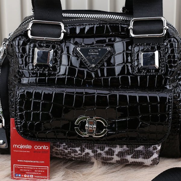 Ççs London Siyah Leopar Desenli Taşlı Kadın Çanta