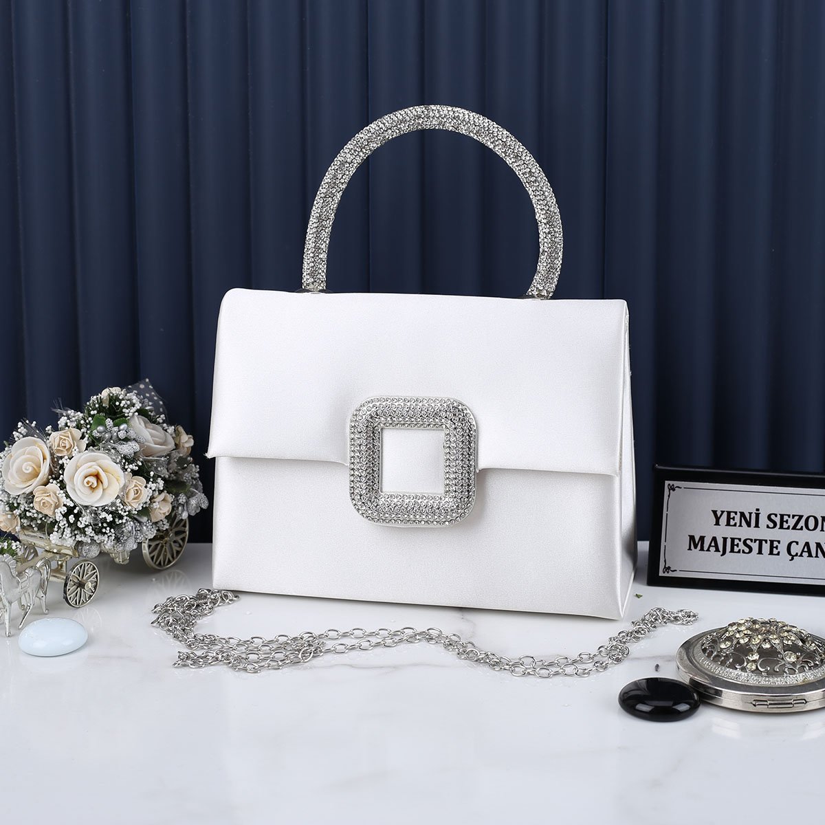 Majeste Yeni Sezon Krem Saten Abiye Çanta