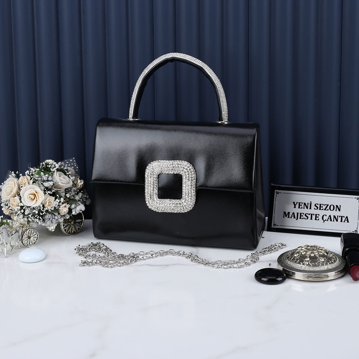 Majeste Yeni Sezon Siyah Taşlı Abiye Çanta