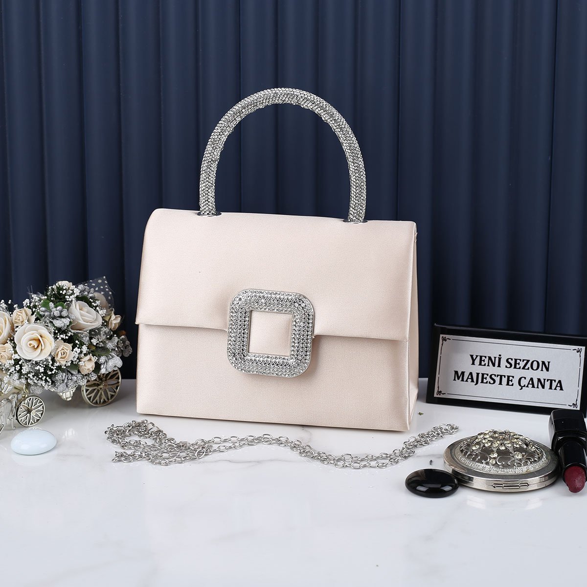 Majeste Yeni Sezon Bej Saten Abiye Çanta