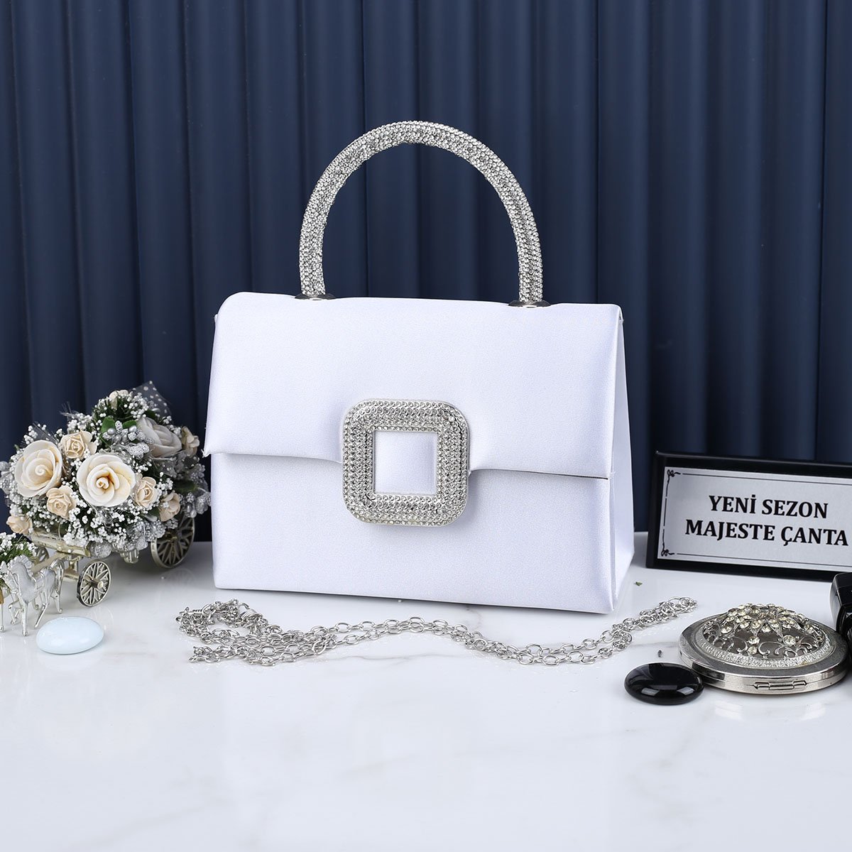 Majeste Yeni Sezon Gümüş Saten Abiye Çanta
