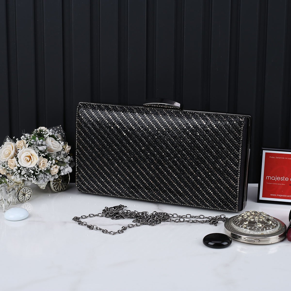 Majeste Yeni Sezon Siyah Taşlı Abiye Çanta