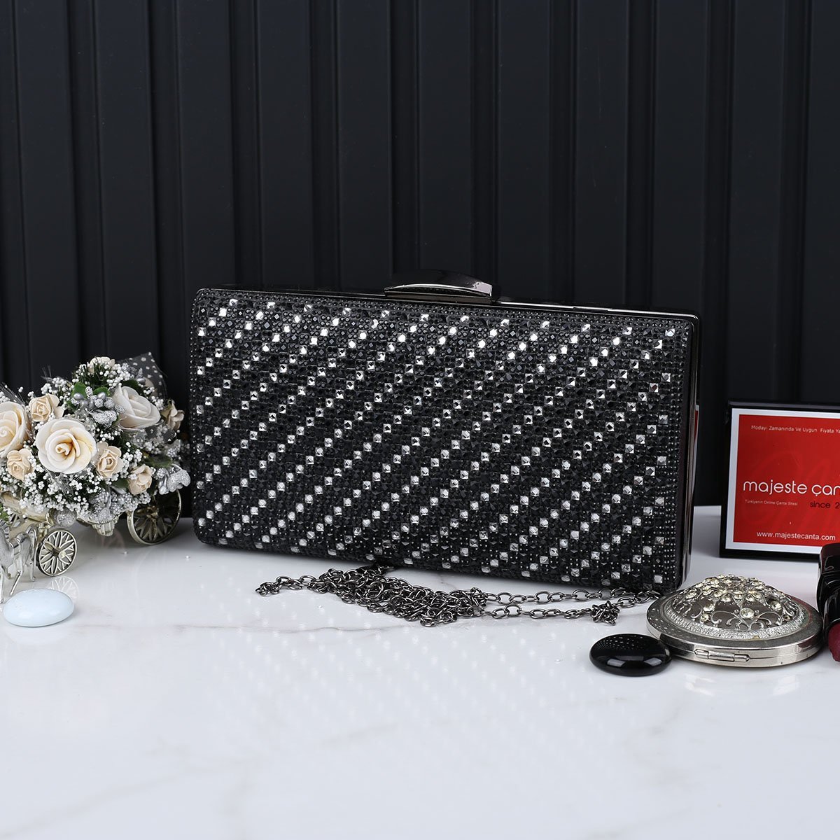 Majeste Yeni Sezon Siyah Taşlı Abiye Çanta