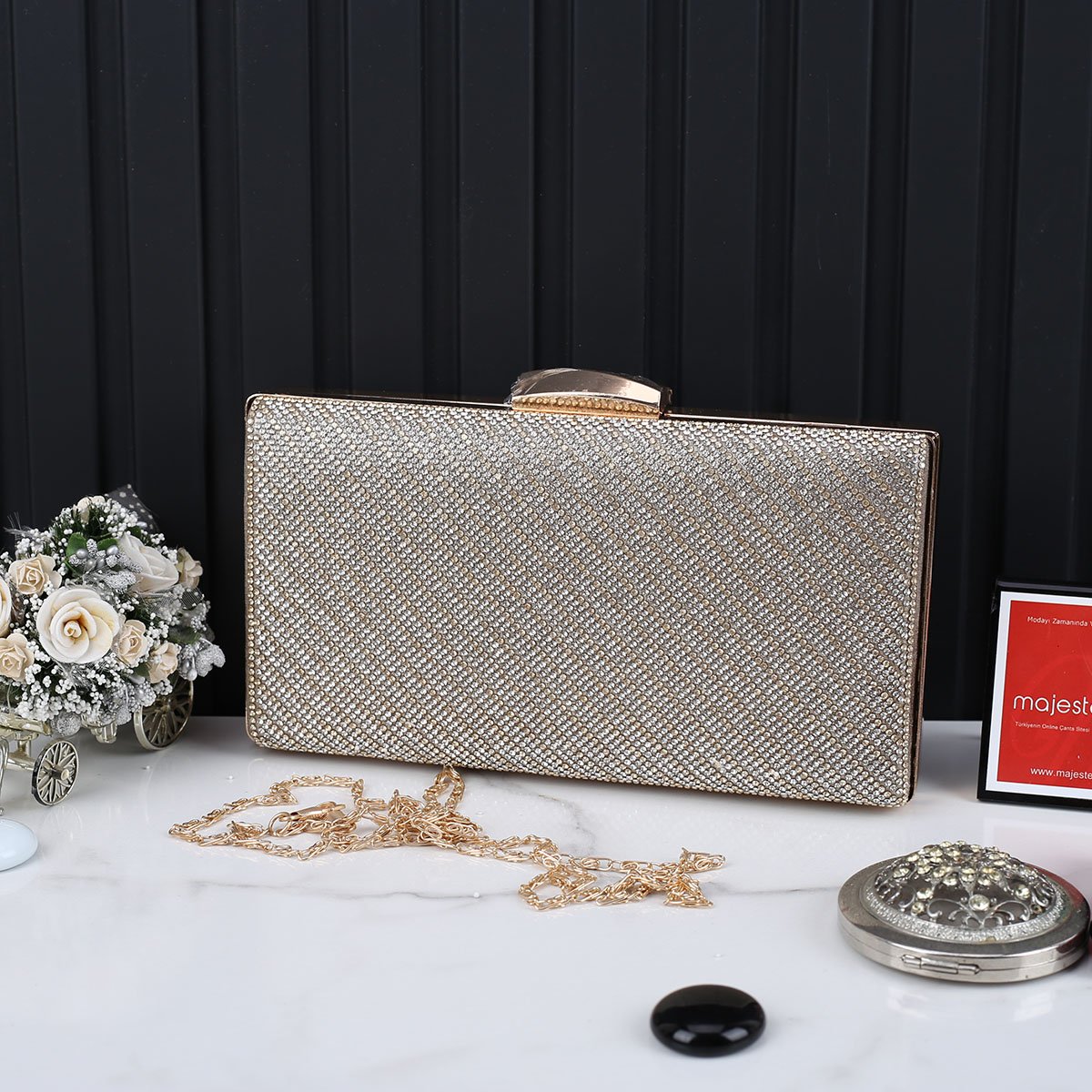 Majeste Yeni Sezon Gold Taşlı Abiye Çanta