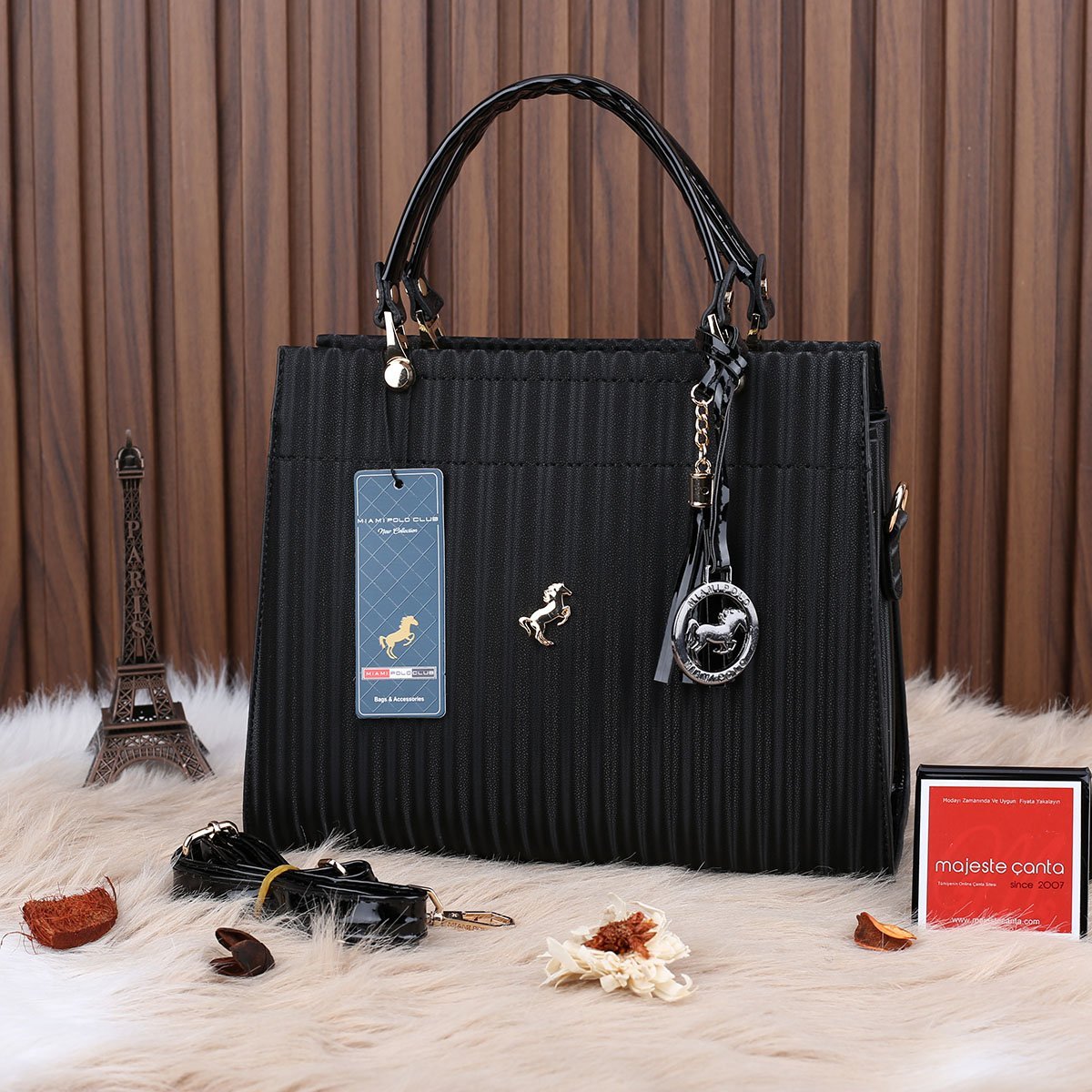 Miami Polo Siyah Cizgili  Üç Gözlü Kadın Çanta
