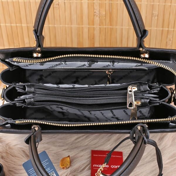 Miami Polo Siyah Cizgili  Üç Gözlü Kadın Çanta