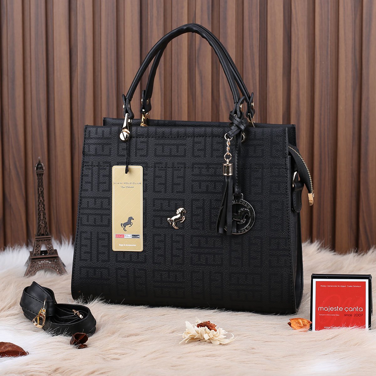 Miami Polo Siyah Desenli  Üç Gözlü Kadın Çanta