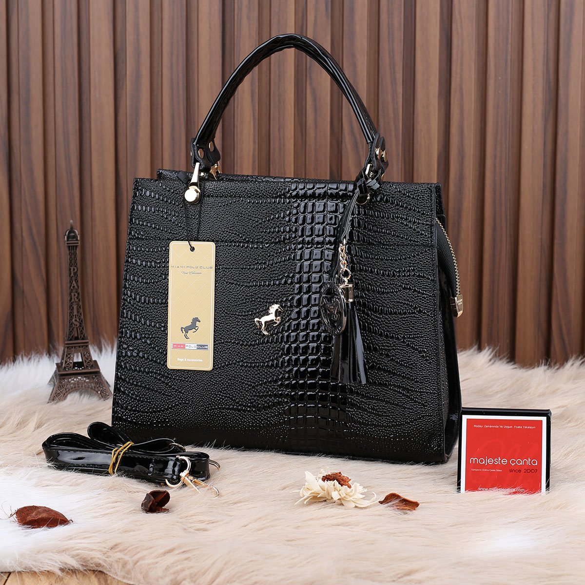 Miami Polo Siyah Rugan Desenli Üç Gözlü Kadın Çanta