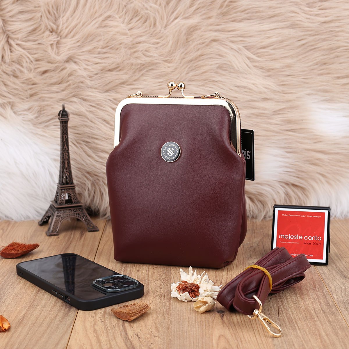 Bordo Hem Telefonluk Hem Yandan Asmalı Çanta