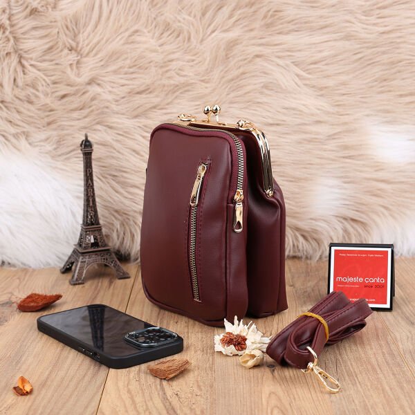 Bordo Hem Telefonluk Hem Yandan Asmalı Çanta