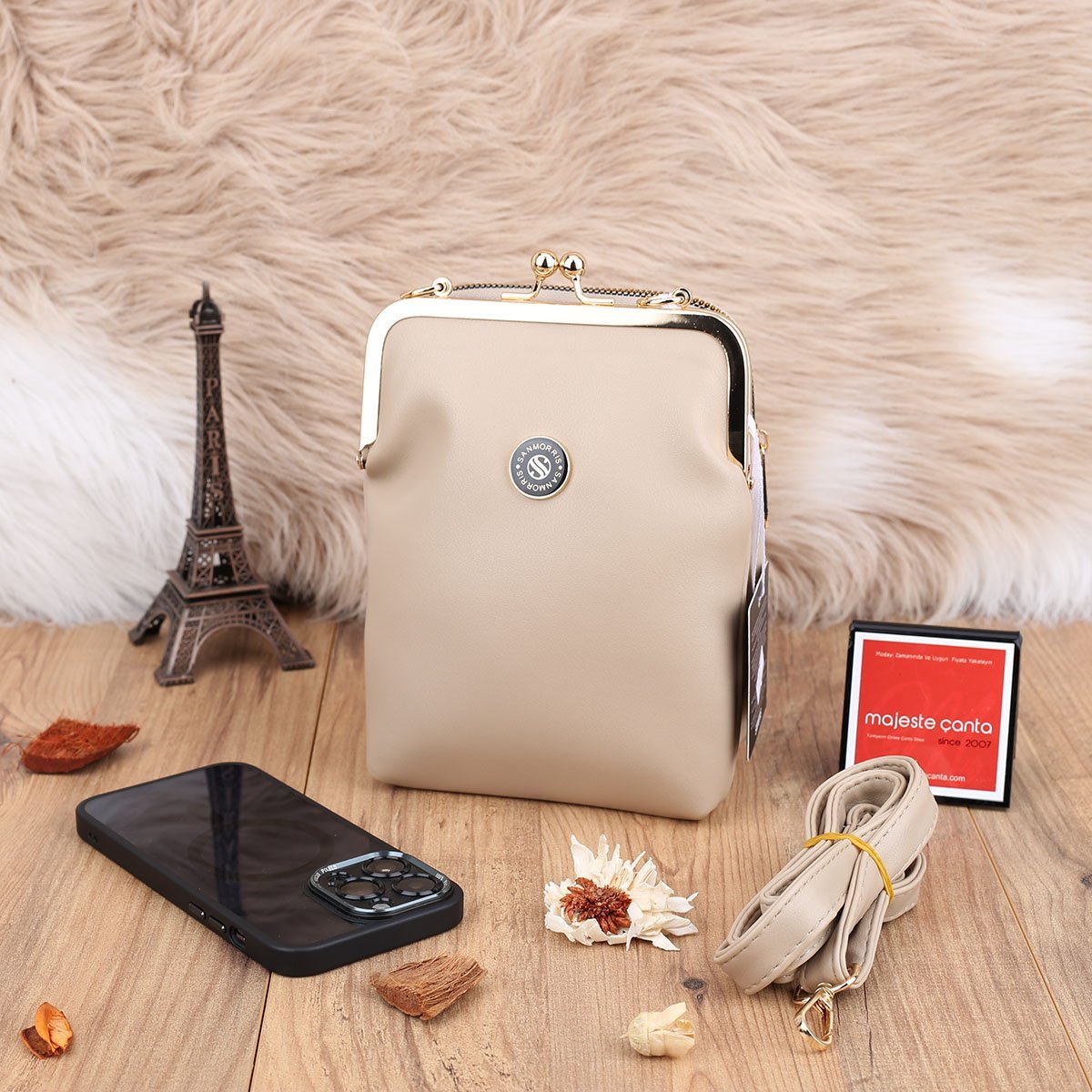 Bej Hem Telefonluk Hem Yandan Asmalı Çanta
