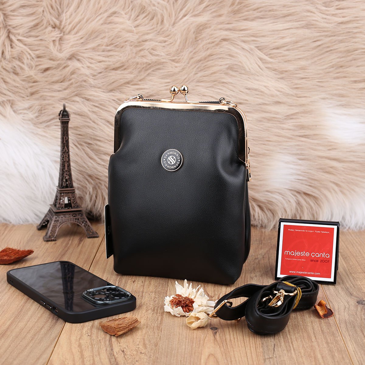 Siyah Hem Telefonluk Hem Yandan Asmalı Çanta