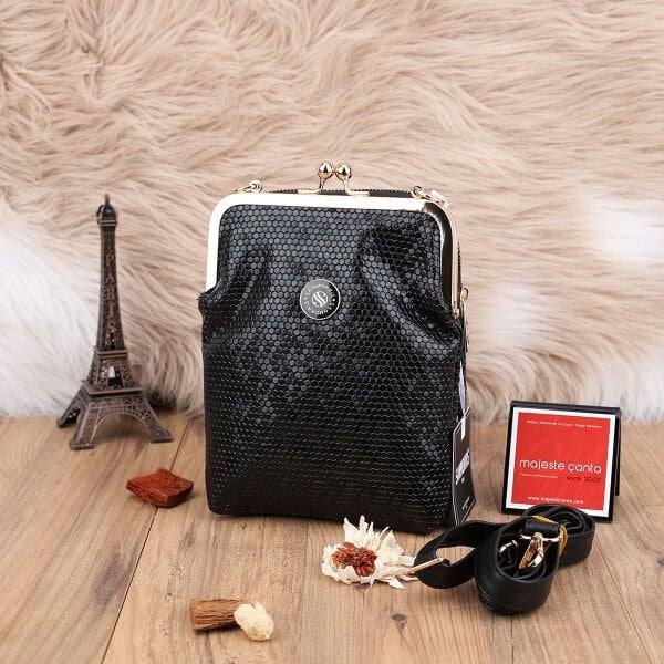 Siyah Desenli Hem Telefonluk Hem Yandan Asmalı Çanta