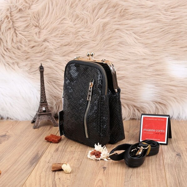 Siyah Desenli Hem Telefonluk Hem Yandan Asmalı Çanta