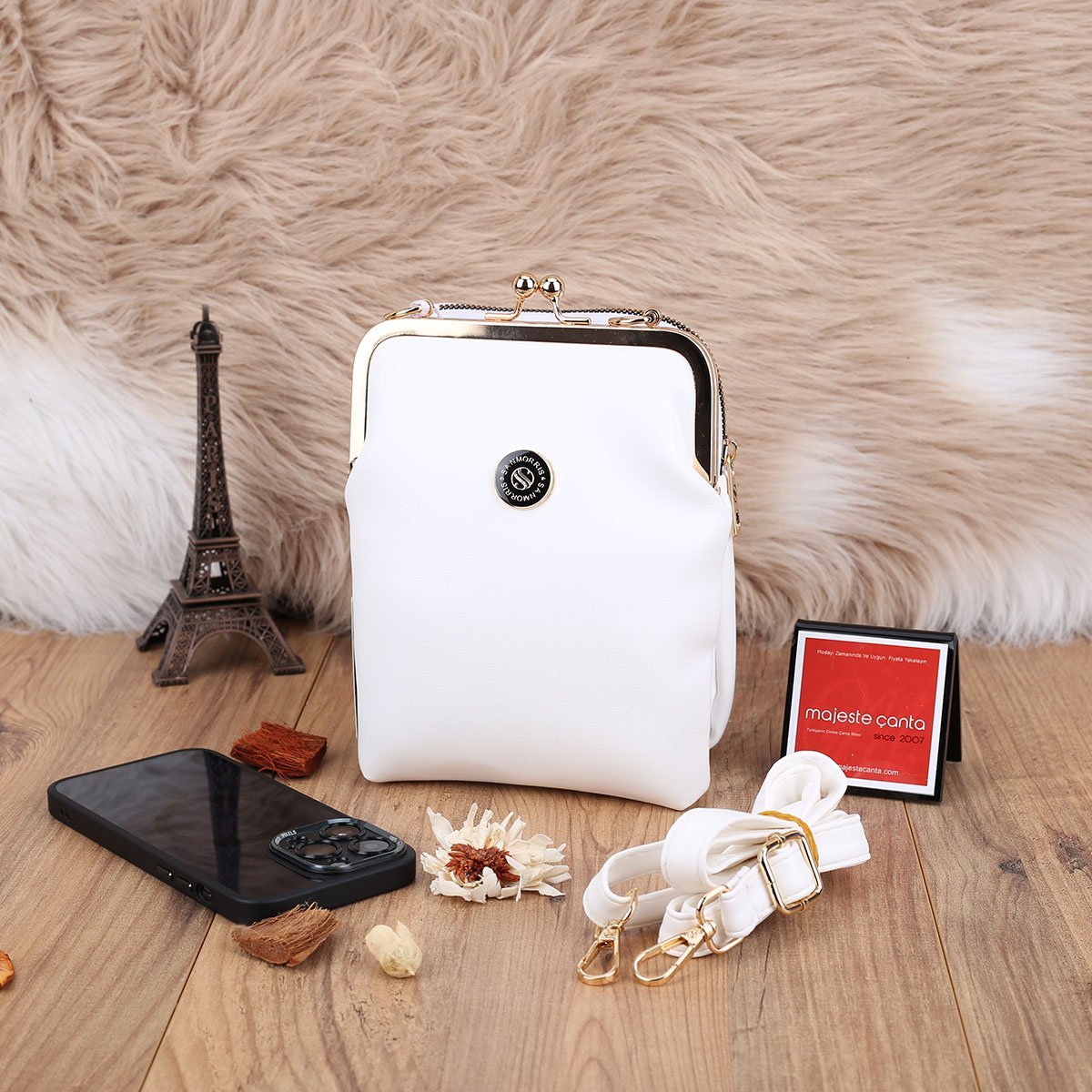 Beyaz Hem Telefonluk Hem Yandan Asmalı Çanta