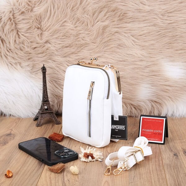 Beyaz Hem Telefonluk Hem Yandan Asmalı Çanta