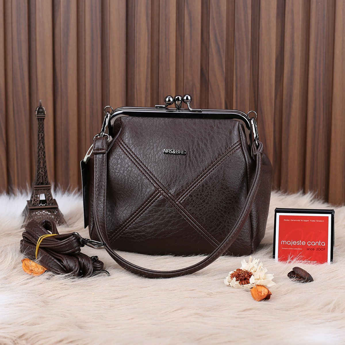 Kahverengi Burslu Çift Gözlü Kadın Çanta