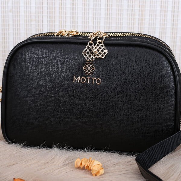 3 Gözlü Siyah Motto Yandan asmalı Kadın Çanta