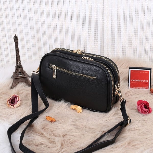 3 Gözlü Siyah Motto Yandan asmalı Kadın Çanta