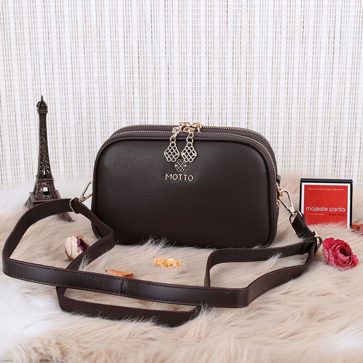 Motto 3 Gözlü Kahverengi Yandan asmalı Kadın Çanta