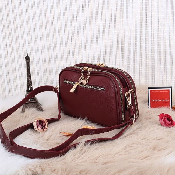 Motto 3 Gözlü Bordo Yandan asmalı Kadın Çanta