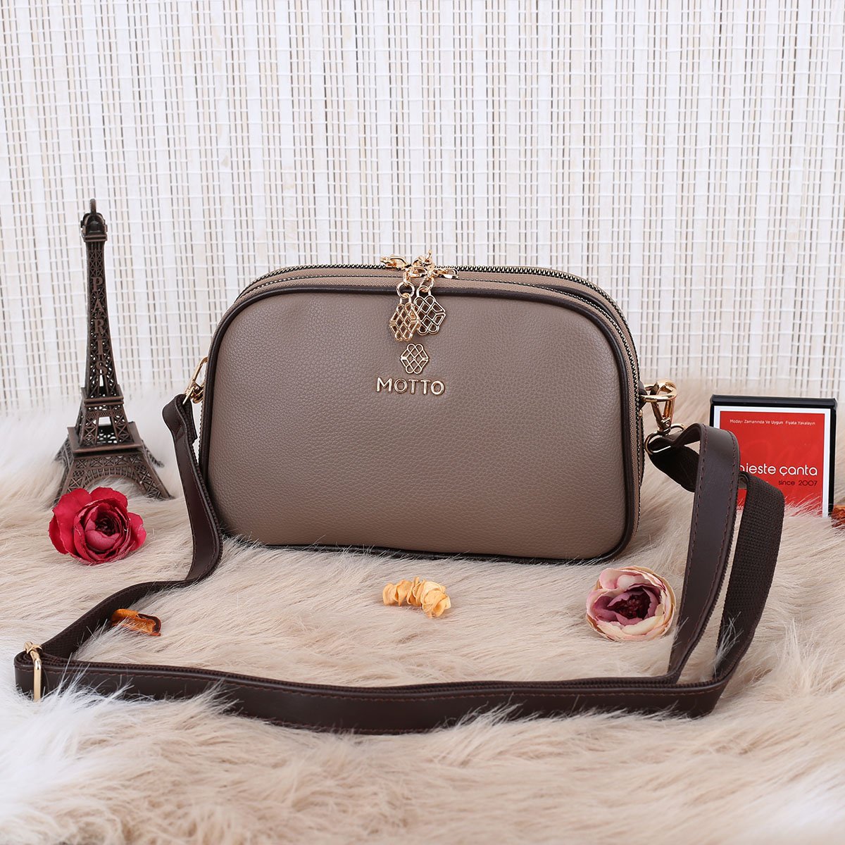 Motto 3 Gözlü Vizon Kahve Yandan asmalı Kadın Çanta