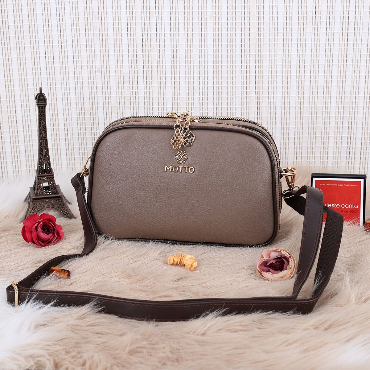 Motto 3 Gözlü Vizon Kahve Yandan asmalı Kadın Çanta