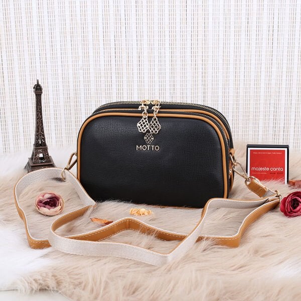 Motto 3 Gözlü Siyah Taba Yandan asmalı Kadın Çanta