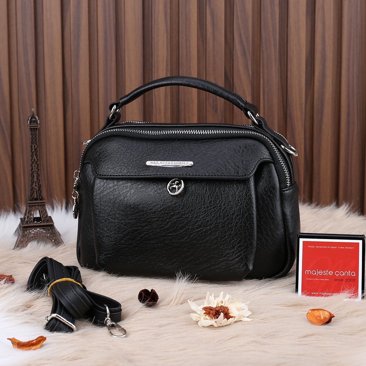 Nas Bag Siyah Çift Gözlü Kadın Çanta