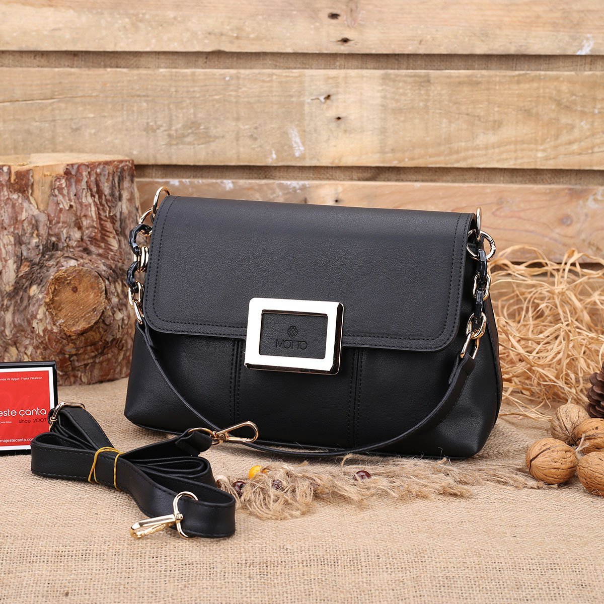 Motto Siyah Kadın Omuz Çantası