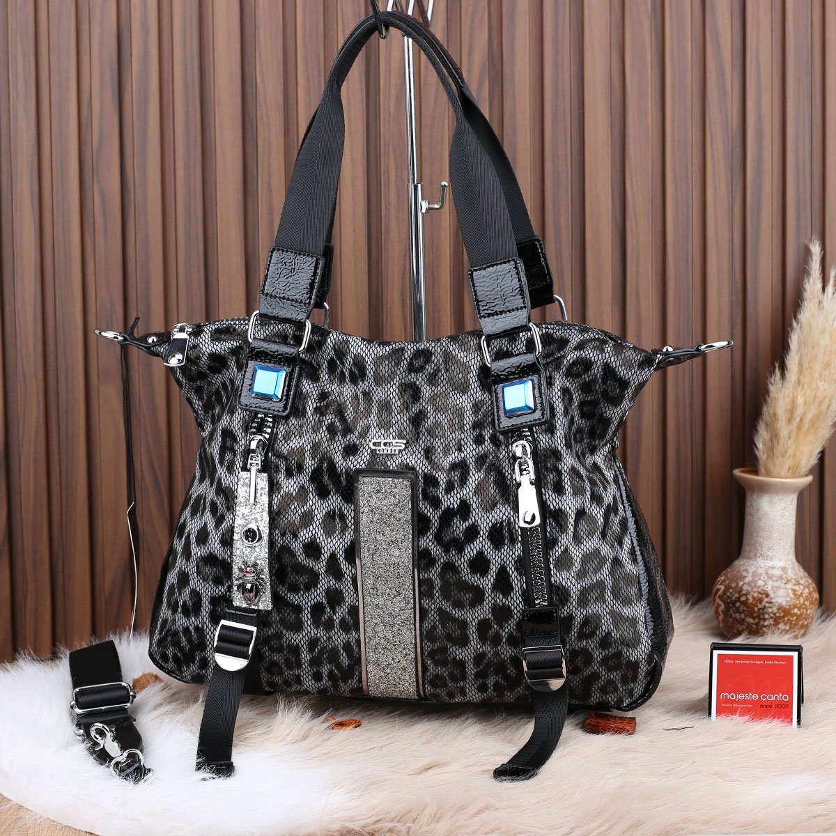 Ççs London Siyah Leopar Desenli Omuz Çantası