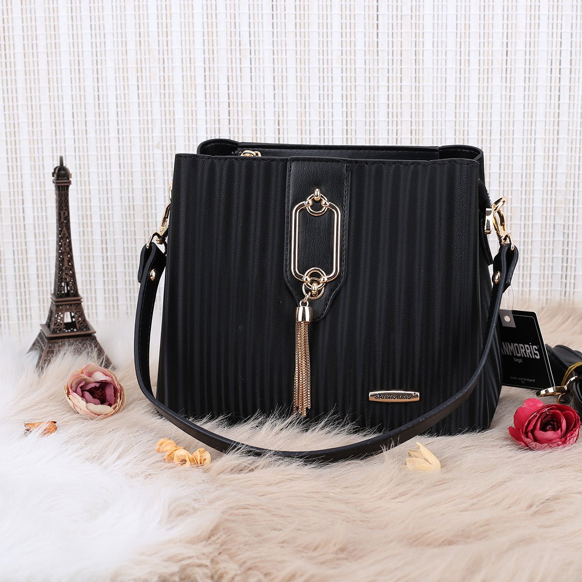 Sanmorris Siyah Çizgili Üç Gözlü Hem Omuz Hem Yandan Asmalı Çanta