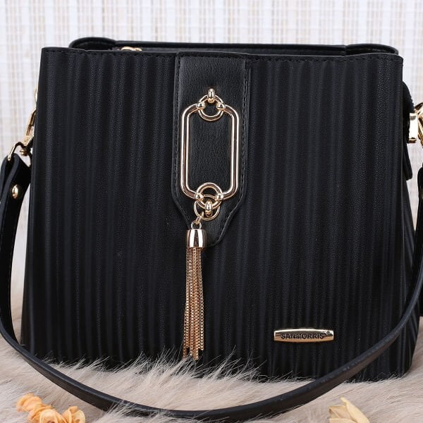 Sanmorris Siyah Çizgili Üç Gözlü Hem Omuz Hem Yandan Asmalı Çanta