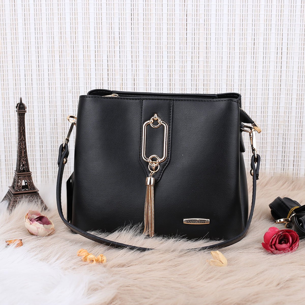 Sanmorris Siyah Üç Gözlü Hem Omuz Hem Yandan Asmalı Çanta