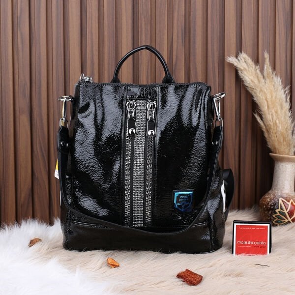 Ççs London Siyah Rugan Hem Sırt Hem Omuz Çantası