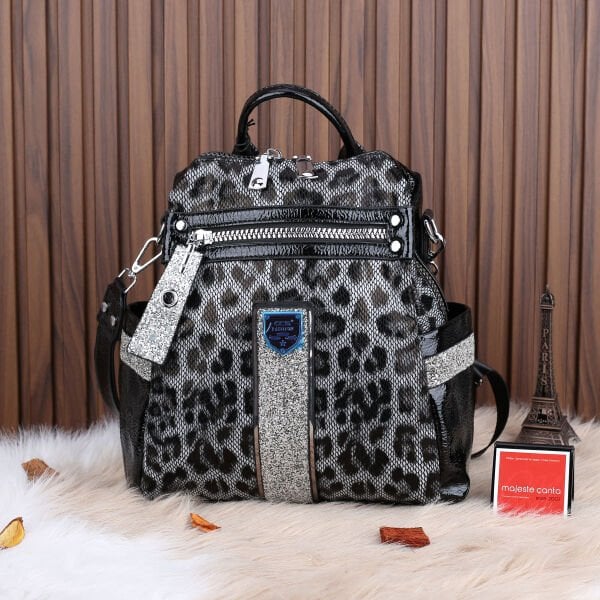 Ççs London Siyah Leopar Desenli Hem Sırt Hem Omuz Çantası