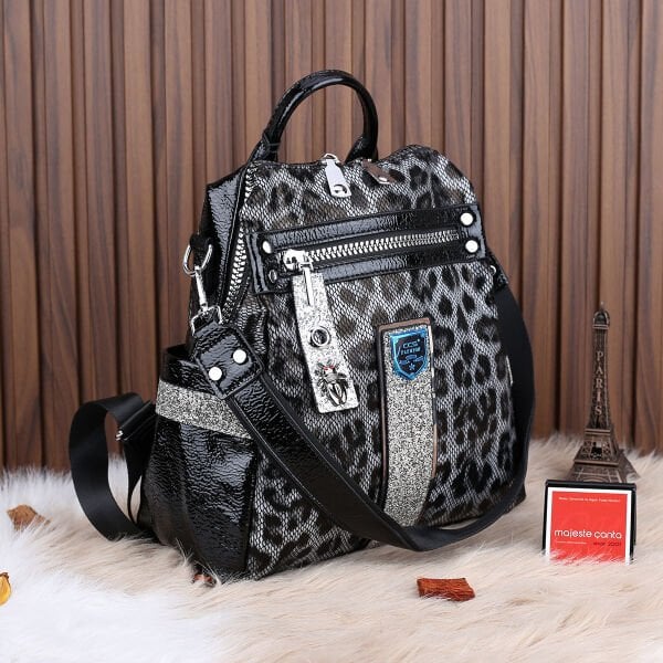 Ççs London Siyah Leopar Desenli Hem Sırt Hem Omuz Çantası