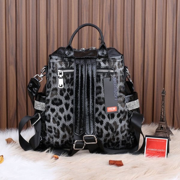 Ççs London Siyah Leopar Desenli Hem Sırt Hem Omuz Çantası