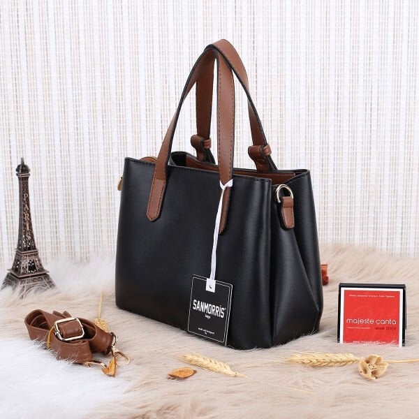 Sanmorris Siyah Taba Üç Gözlü Kadın Kol Çantası