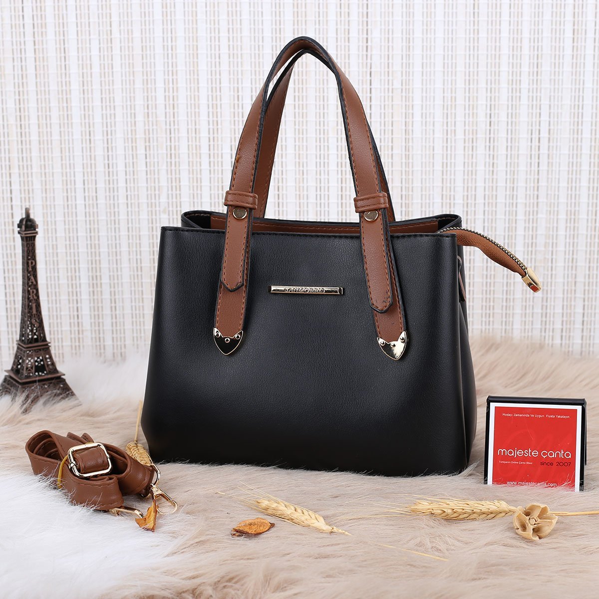 Sanmorris Siyah Taba Üç Gözlü Kadın Kol Çantası