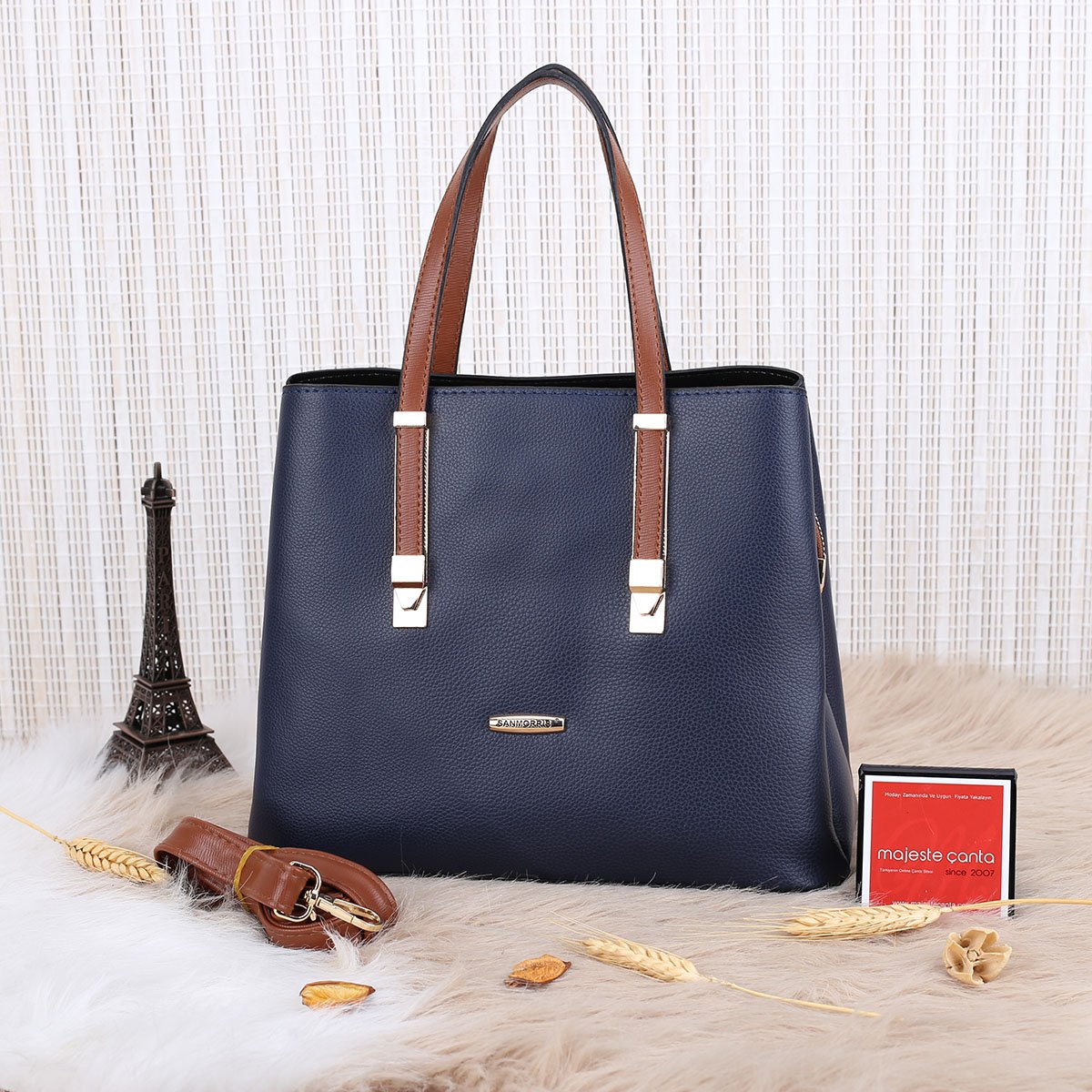 Sanmorris Üç Gözlü Lacivert Taba Kadın Çanta