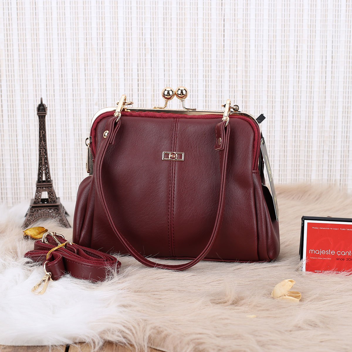 Bordo Burslu Üç Gözlü Kadın Çanta